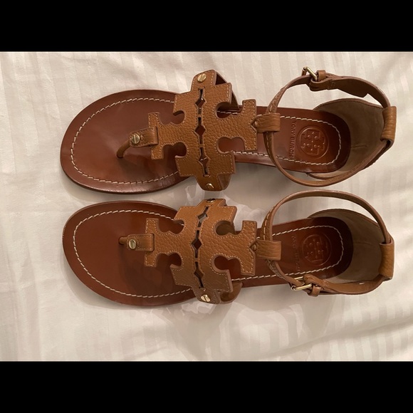 Tory Burch Brown Leather Double T Wedge Sandals - Picture 5 of 9